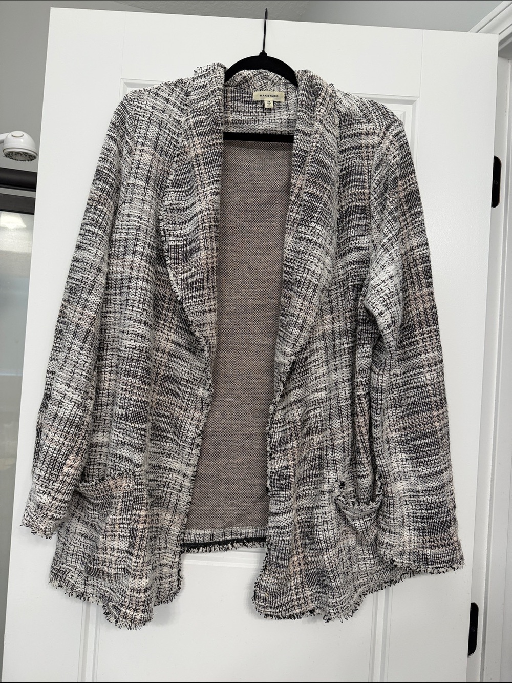 Max Studio Open Front Tweed Cardigan Jacket in Gray and Cream